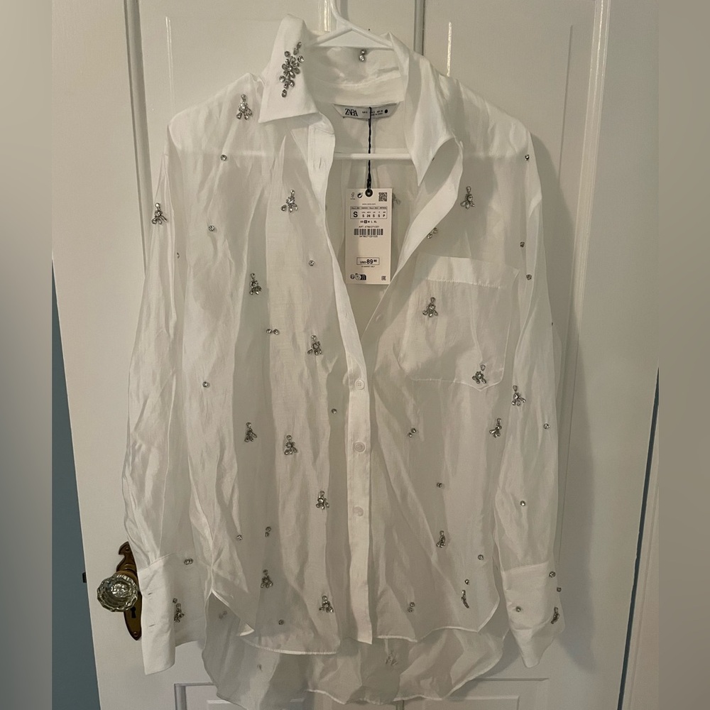 Zara white button down / cover up with jewels. Size Small